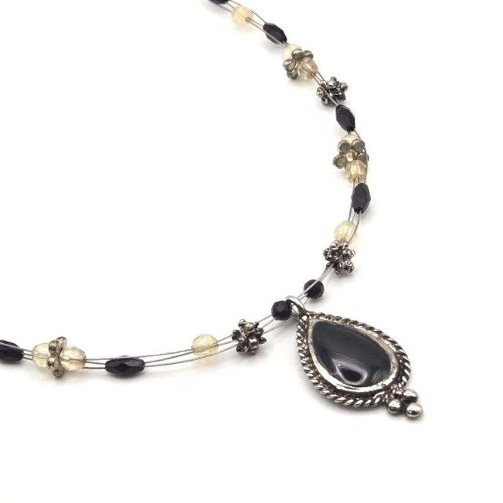 Elegant Teardrop Black Enamel Pendant on Silver Tone Beaded Wire Necklace